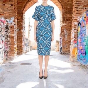 Roland Mouret Bancroft Blue Geometric Print Embroidered Midi Pencil Dress size 6
